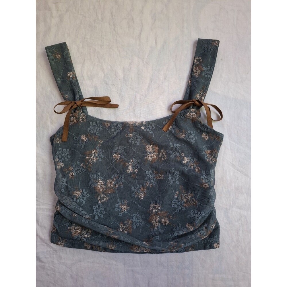 Mine Floral Mesh Camisole Top Teal Brown Ribbon Straps Fairy Y2K Coquette M
